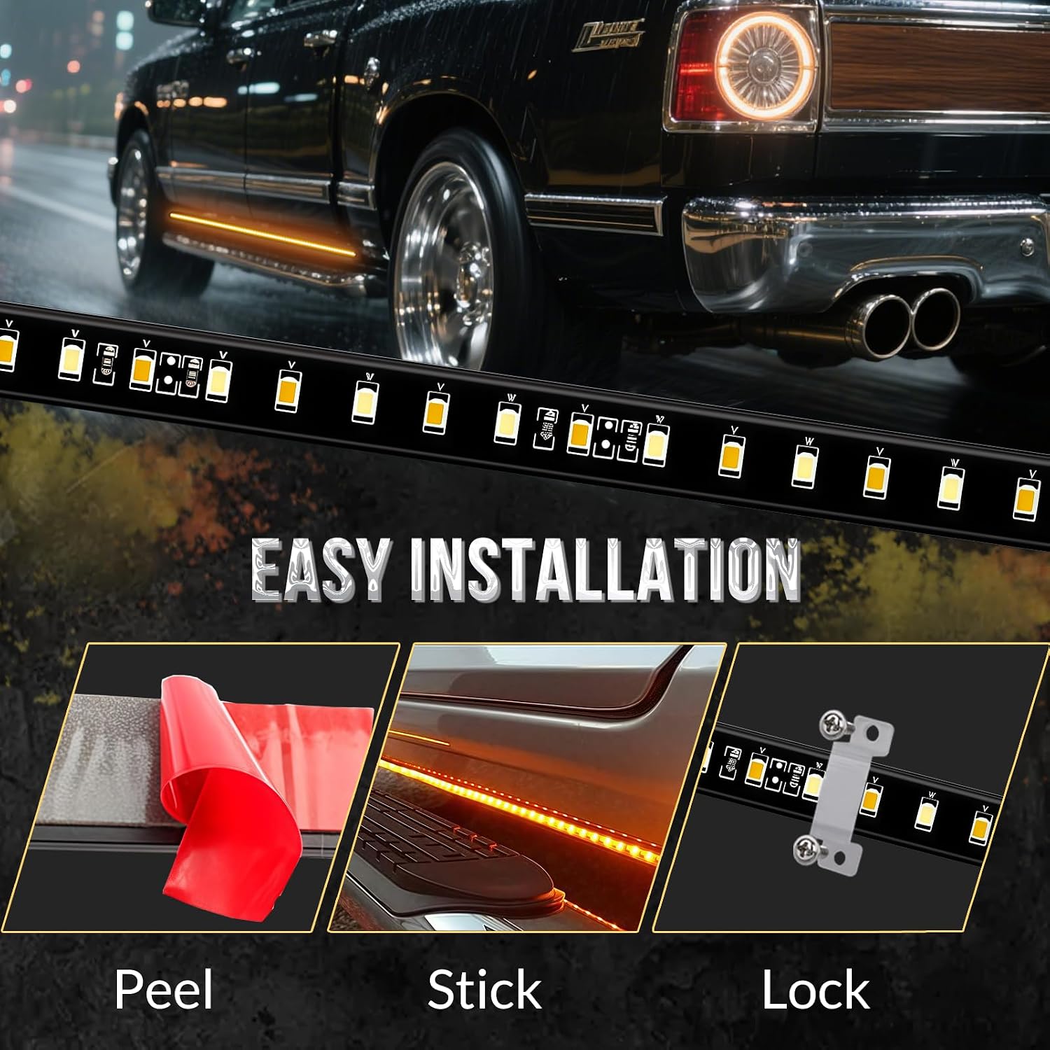 DIBMS Running Board Lights 2PCS LED Strips w/Sequential Amber Turn Signal